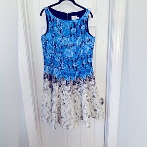 J. Taylor Women’s Sz 12 Blue/White/Black Floral Zip Sleeveless Flare Dress